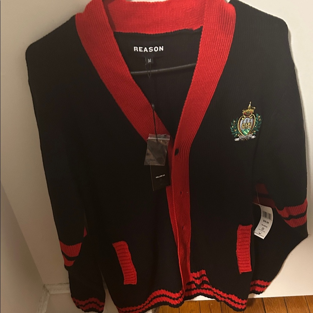 Reason Black and Red V-Neck Cardigan with Crest